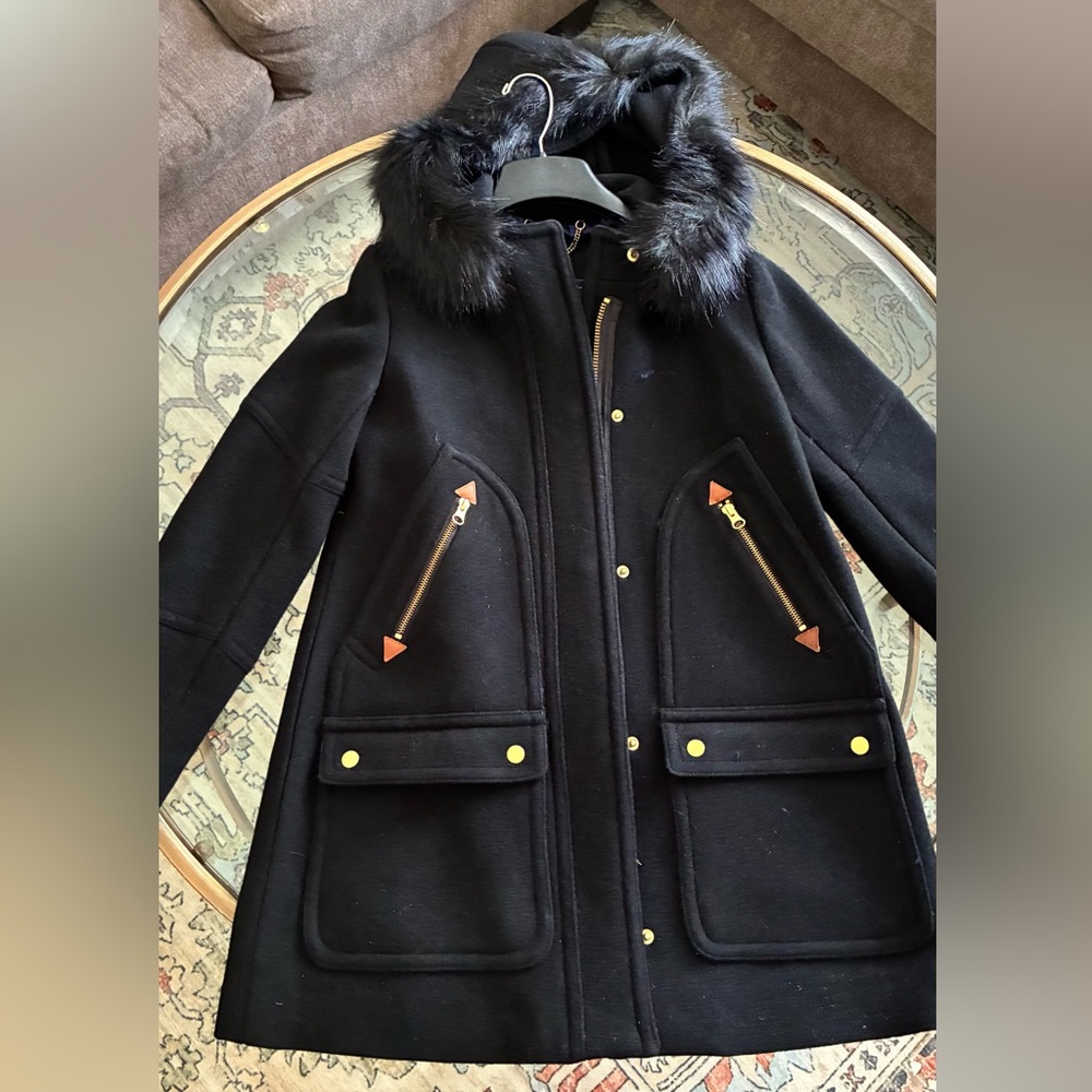 J. Crew Black Utility Jacket with Fur Hood